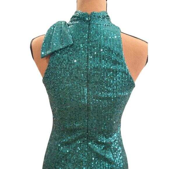 Mac Duggal Sequined Soft Tie Halter Neck Column Gown in Teal – NWT – SZ 2 - Picture 8 of 13